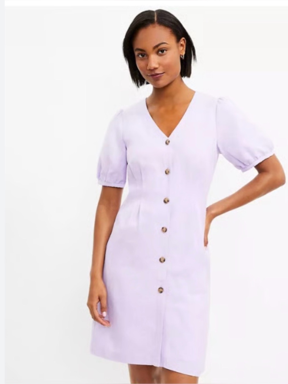 LOFT Lilac Purple V-Neck Button-Front Puff Sleeve Linen Blend Mini Dress 12